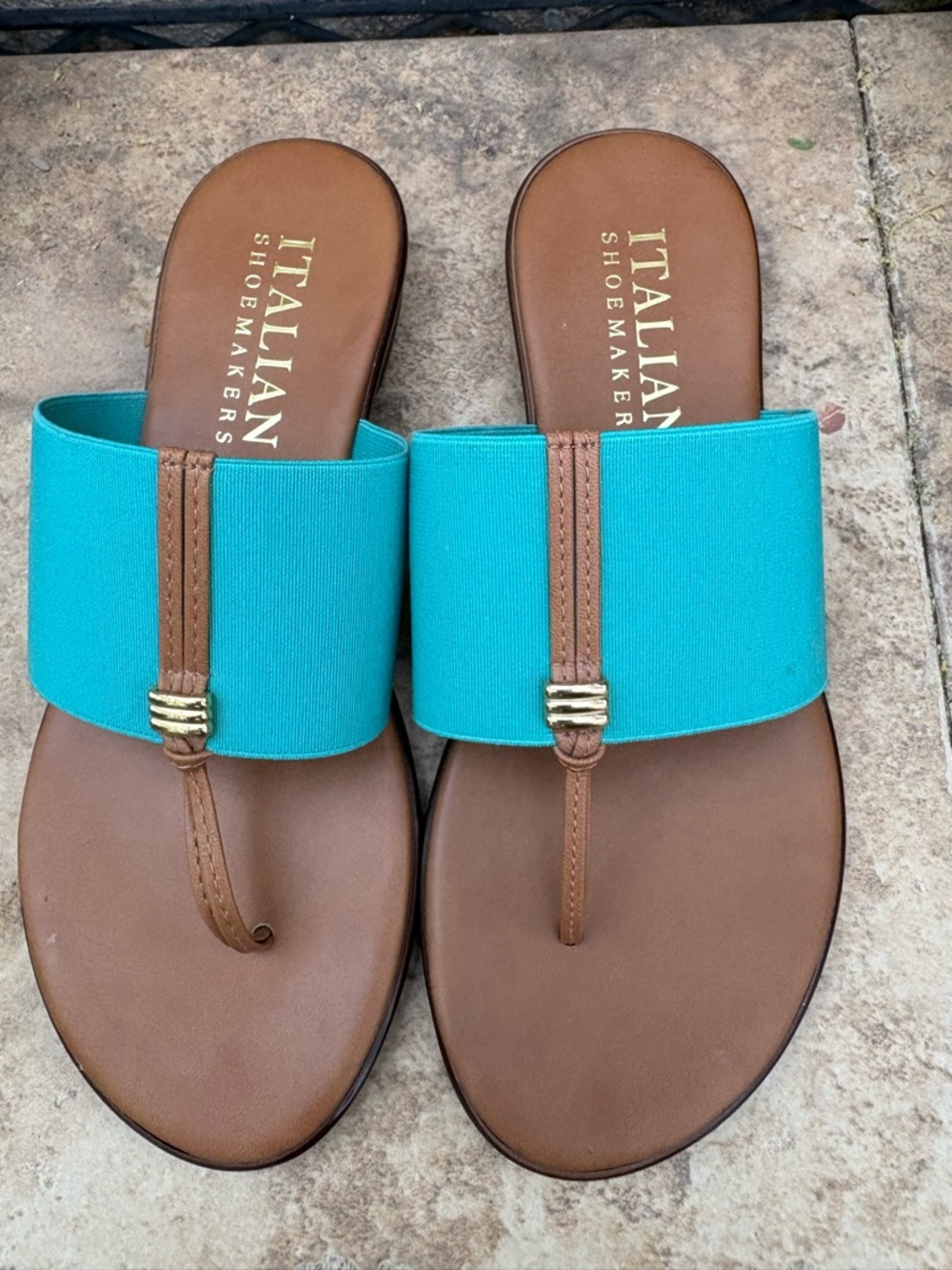 Italian Shoemakers Turquoise and Brown Slide Sandals with Toe Strap
